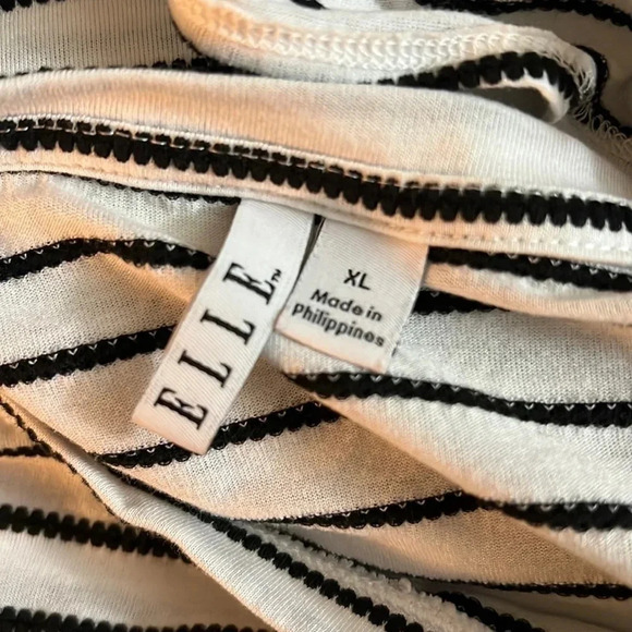 Elle Black and White Striped Blouse XL Textured Flared 3/4 Sleeves Eyelet Trim - Picture 12 of 12